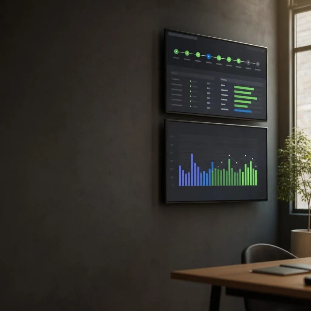 Wall-mounted monitors showing pipeline status and build duration metrics