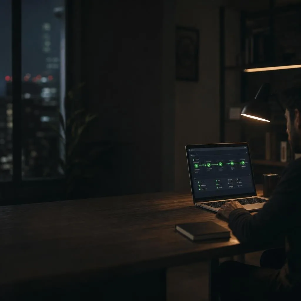 Developer desk with a laptop showing a green pipeline run at night