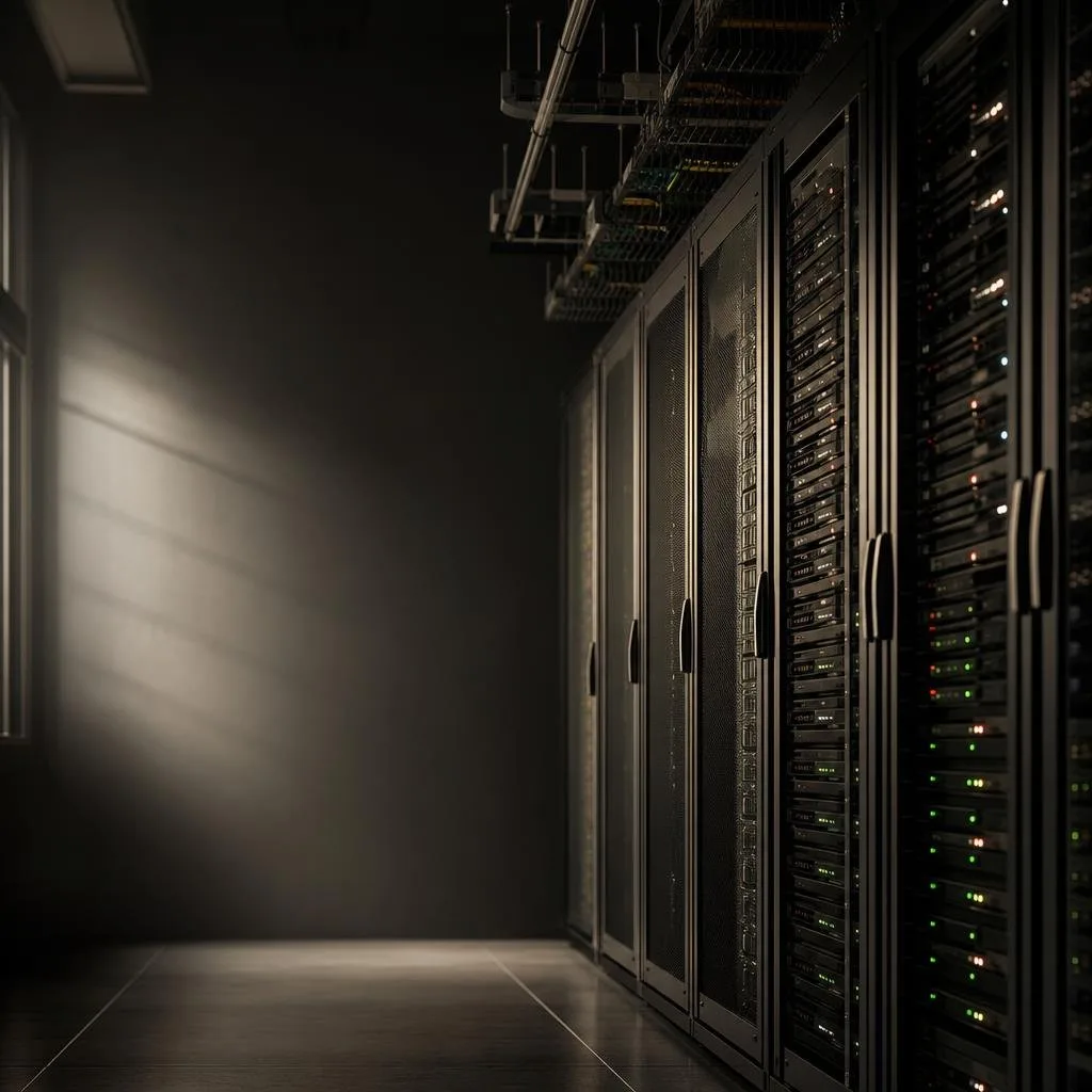 Rows of illuminated server racks in a data center