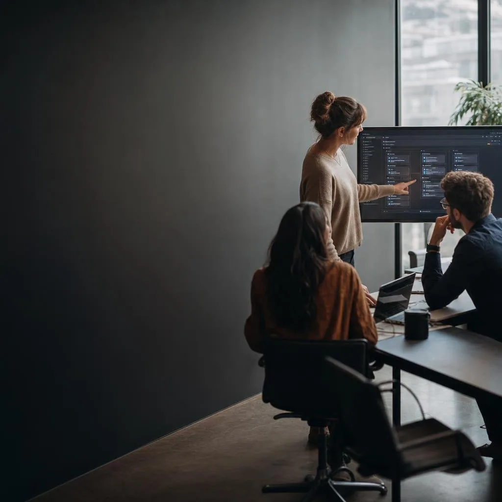 Small engineering team reviewing a deploy preview together on a large monitor